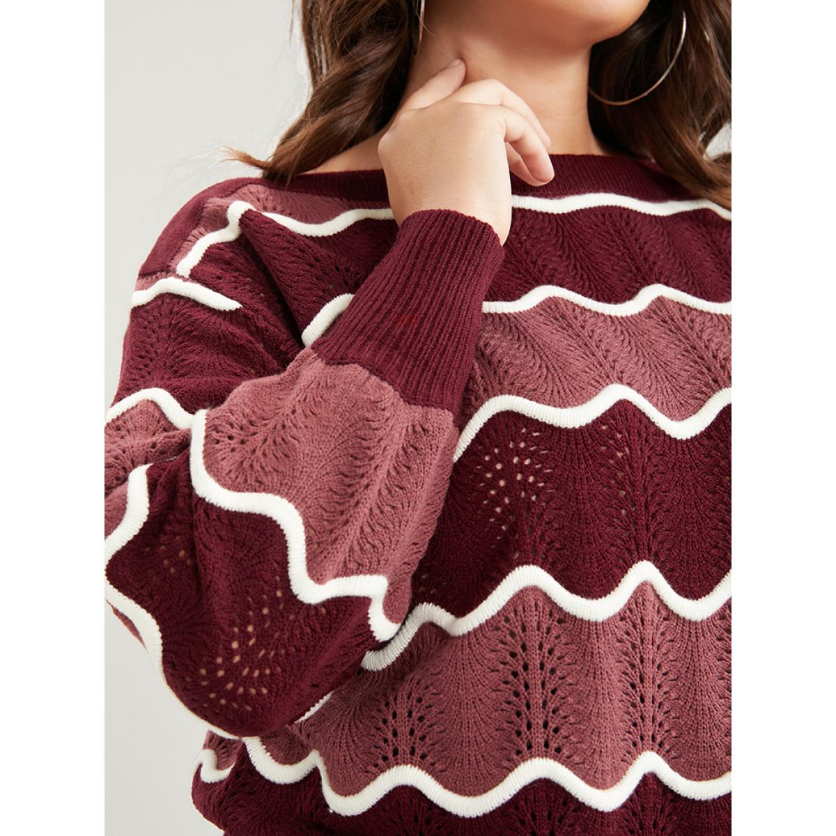 Plus Size Colorblock Contrast Pointelle Knit Water Ripple Knit Top Scarlet Women Elegant Long Sleeve Round Neck Dailywear Pullovers BloomChic 14-16/1X Product Image