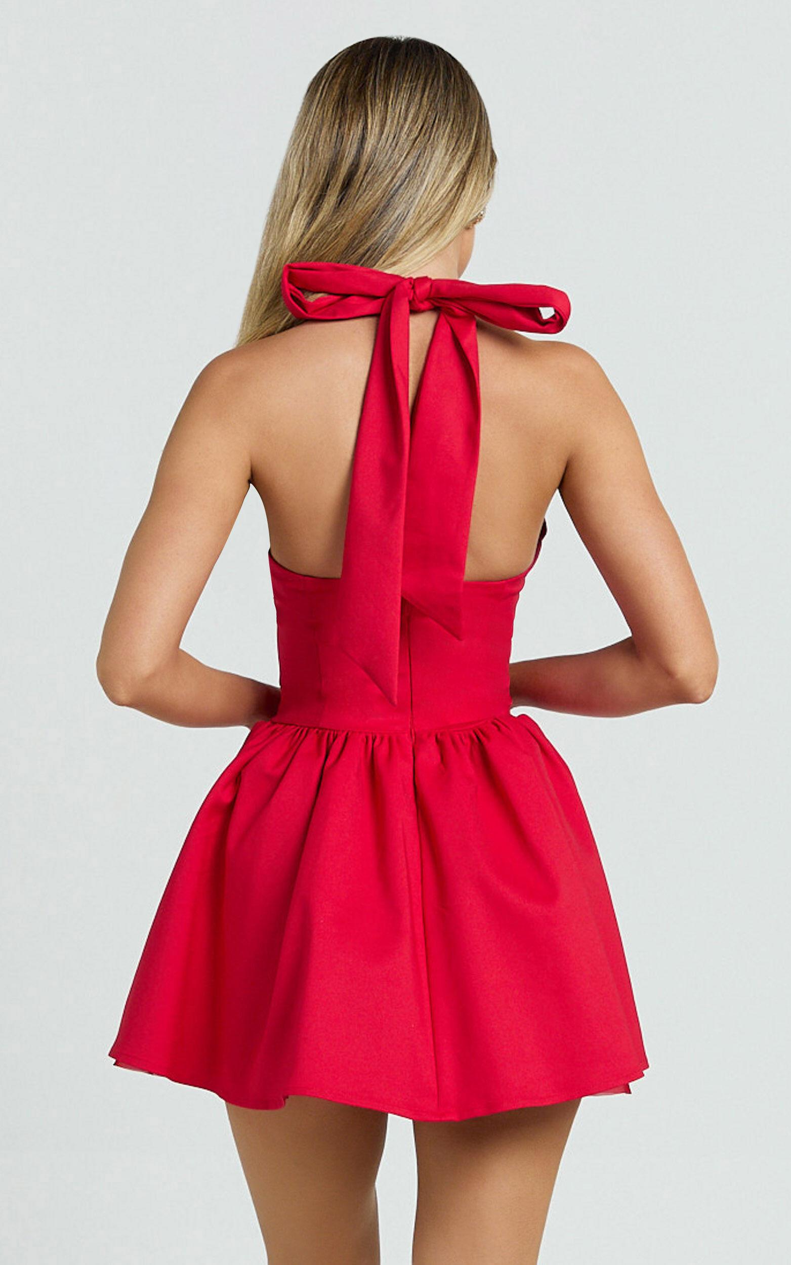 Helda Mini Dress - Halter Tie Neck Corset Panel Dress in Red Product Image