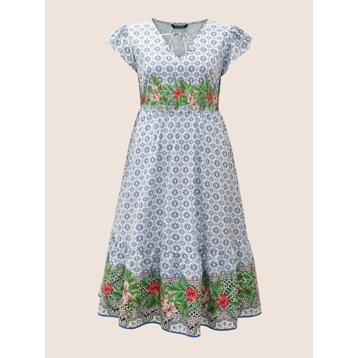 Plus Size Bandana Print Tie Knot Ruffle Cap Sleeve Dress LightBlue Women Resort Tie knot V-neck Cap Sleeve Curvy BloomChic 10/M Product Image