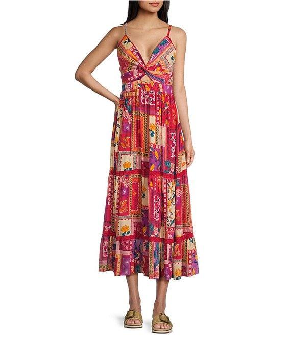 Angie Patchwork Print V-Neck Sleeveless Knot Front Tiered Crochet Trim Maxi Dress Product Image