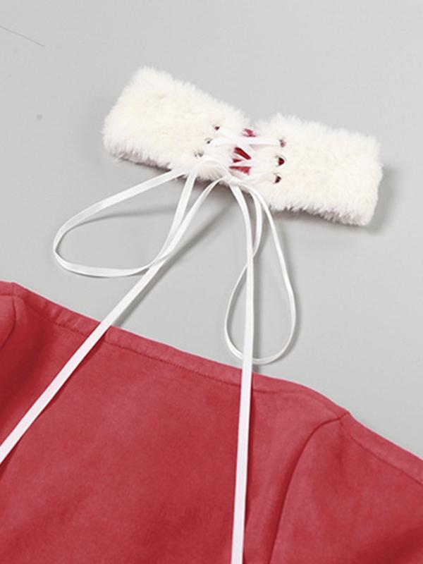 Solid Bandeau With Fuzzy Belted Choker Mini Dress Product Image