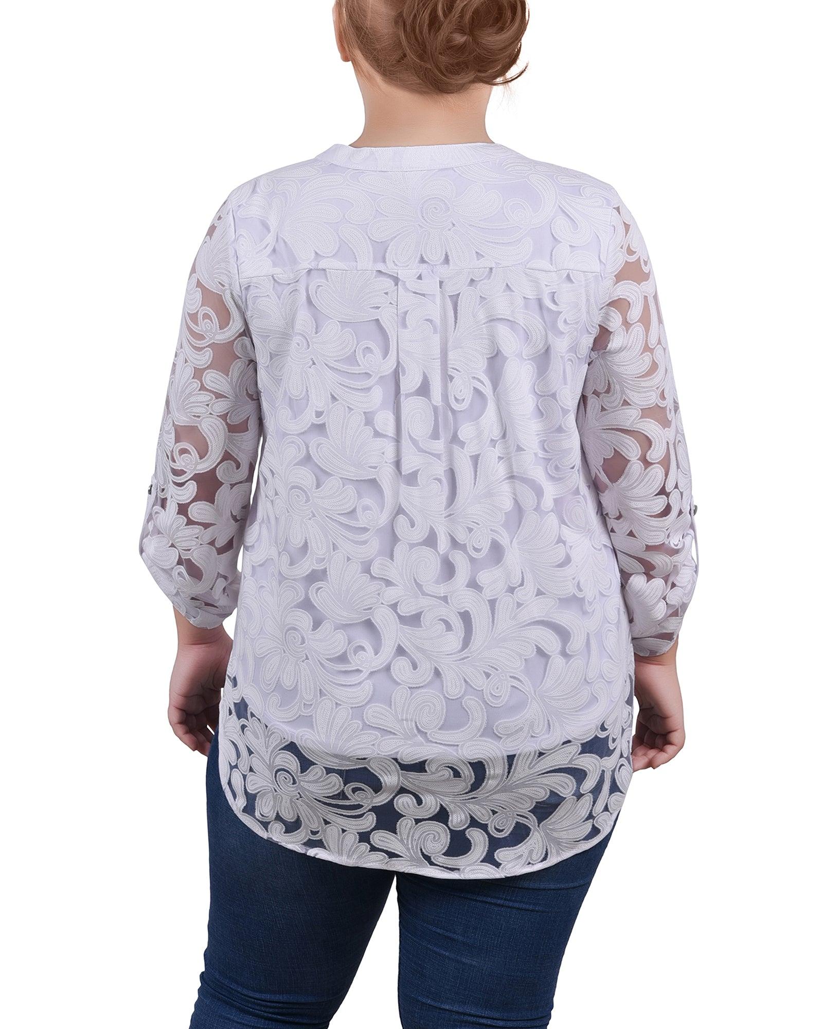 White Scrolleaf Long Sleeve Burnout Y Neck Blouse - Plus Product Image