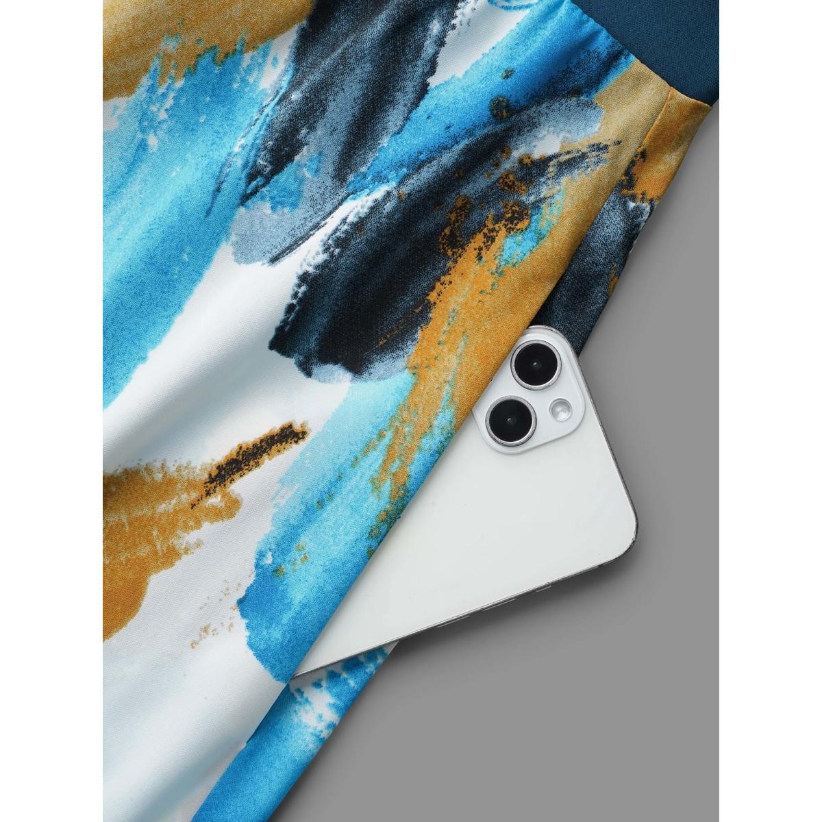 Plus Size Brush Stroke Print Contrast Spliced Dress Aegean Women Elegant Patchwork Overlap Collar Long Sleeve Curvy BloomChic 22-24/3X Product Image