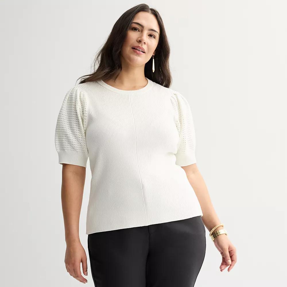 Plus Size Nine West Open Stitch Short Sleeve Sweater Tee, Women's, Size: 4XL, Daisy Dew Product Image