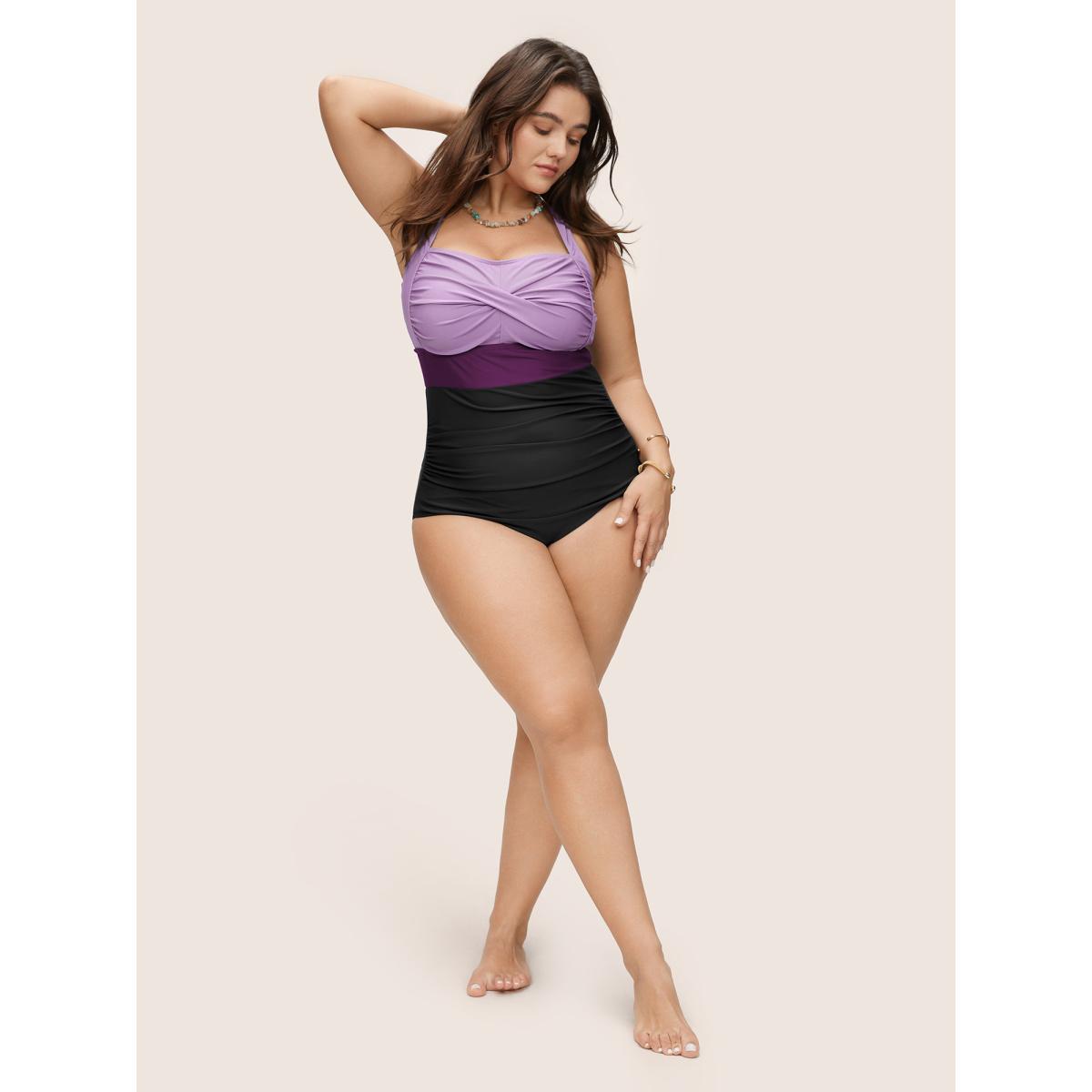 Plus Size Contrast Twist Front Tummy-Control One Piece Swimsuit Women's Swimwear Purple Beach Non Curve Bathing Suits High stretch One Pieces BloomChic 30/6X Product Image