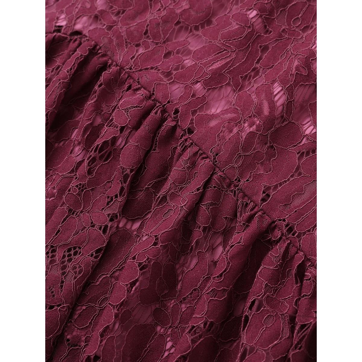 Plus Size Crochet Lace Mesh Gathered Arc Hem Dress Burgundy Women Elegant Non V-neck Elbow-length sleeve Curvy Midi Dress BloomChic 12/L Product Image