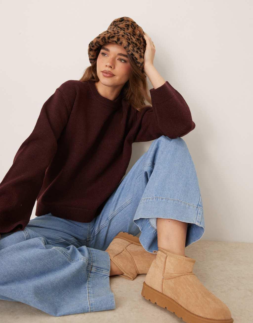 GINA TRICOT crew neck knit sweater with wide sleeves in dark wine burgundy Product Image