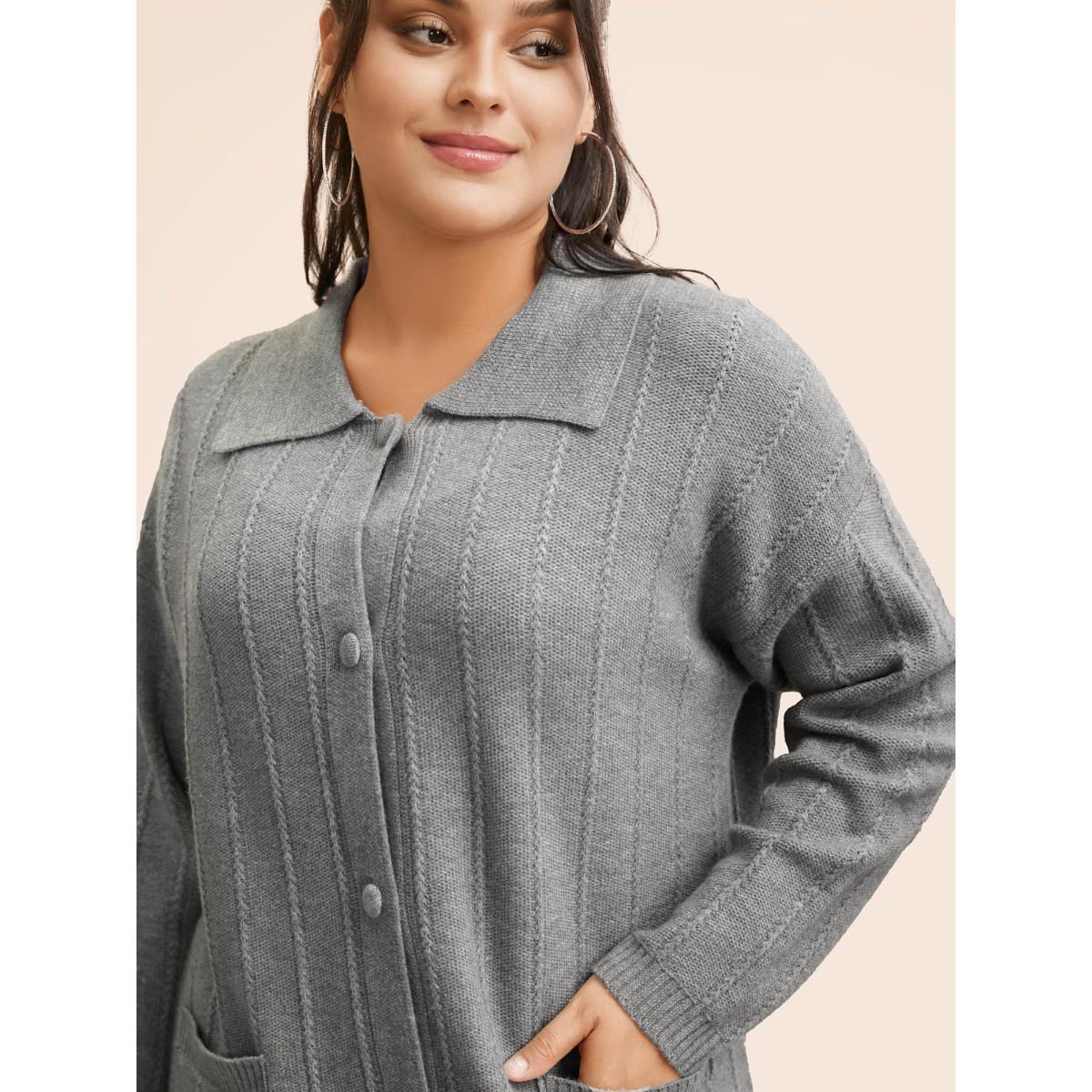 Plus Size Plain Textured Polo Neck Pocket Cardigan Mediumgray Women Casual Loose Long Sleeve Everyday Cardigans BloomChic 14-16/1X Product Image