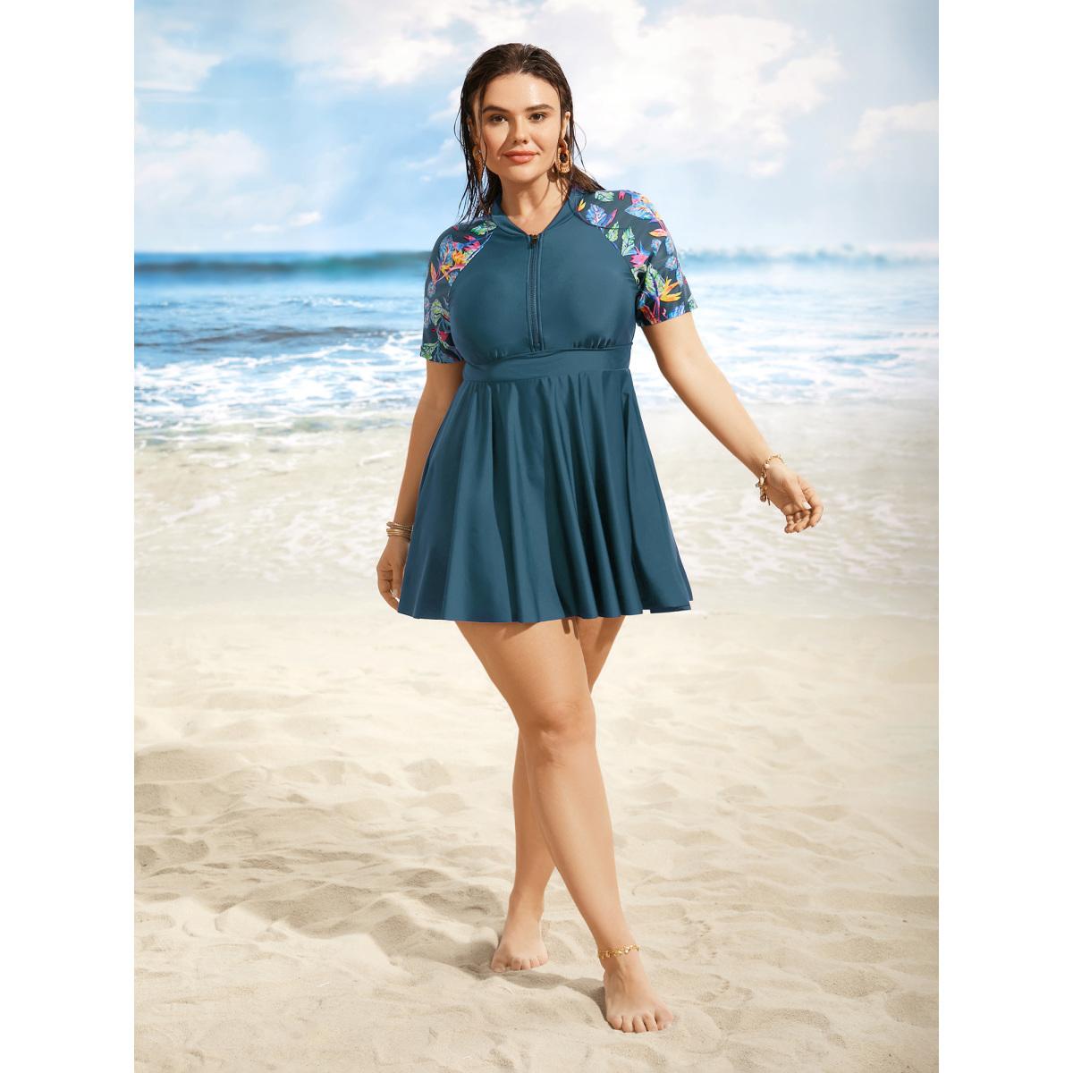 Plus Size Tropical Print Half Zip Raglan Sleeve Swim Dress Women's Swimwear Cyan Beach Bodycon Stand-up collar High stretch Curve Swim Dresses BloomChic 18-20/2X Product Image