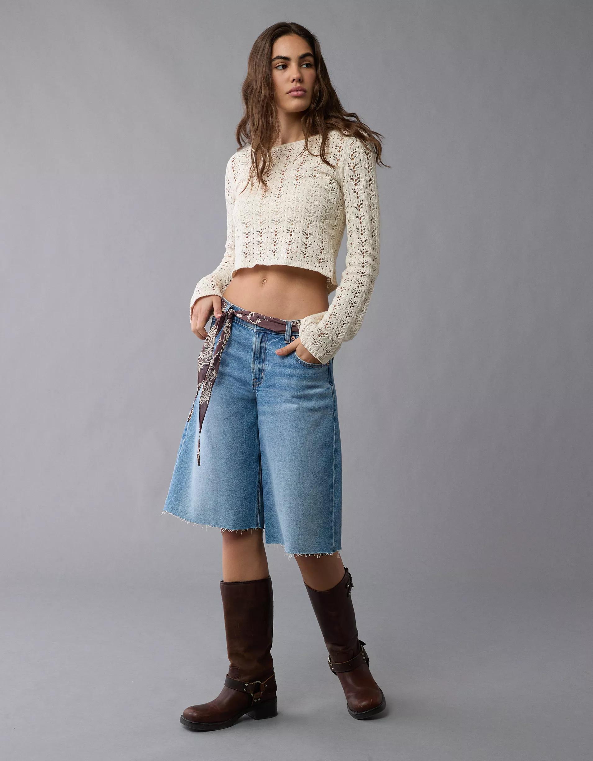 AE Lace-Up Back Crochet Sweater Product Image