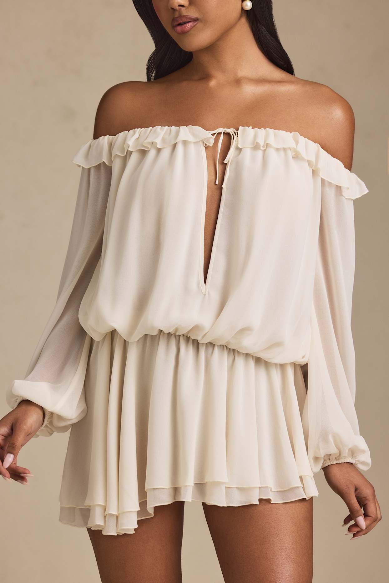 Off-Shoulder Asymmetric Balloon-Sleeve Mini Dress in Ivory Product Image