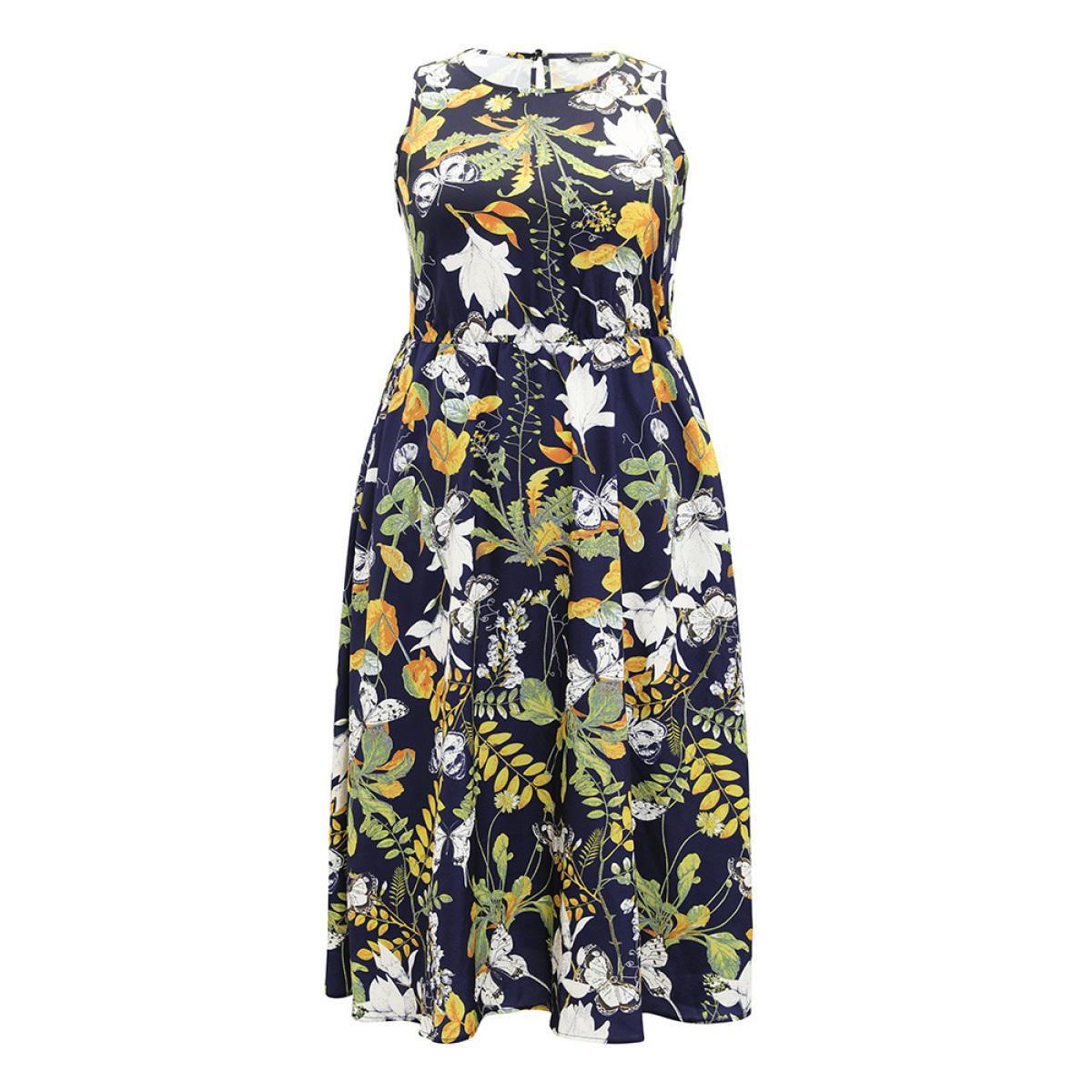 Plus Size Floral Print Pocket Sleeveless Ruffle Hem Dress DarkBlue Women Vacation Gathered Round Neck Sleeveless Curvy Midi Dress BloomChic 22-24/3X Product Image