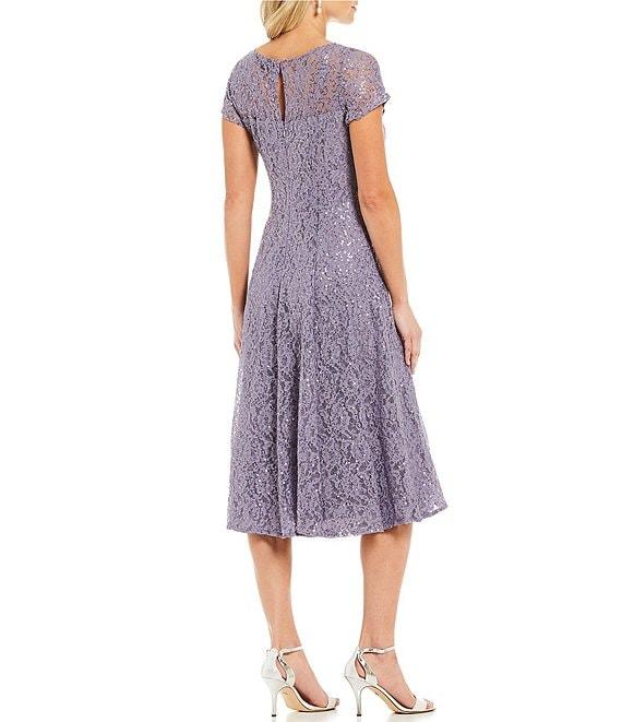 Ignite Evenings Round Neck Short Sleeve Sequin Lace Midi Dress Product Image