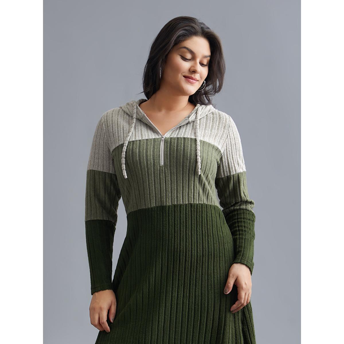 Plus Size Hooded Half Zip Pit Strip Knit Dress ArmyGreen Women Casual Contrast Hooded Long Sleeve Curvy BloomChic 10/M Product Image