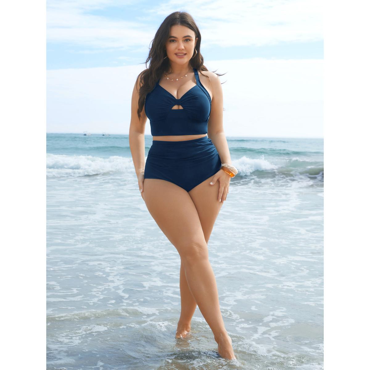 Plus Size High Rise Ruched Plain Swim Bottoms Women's Swimwear Indigo Resort Gathered High stretch Skinny High Rise Curve Swim Bottoms BloomChic 18-20/2X Product Image