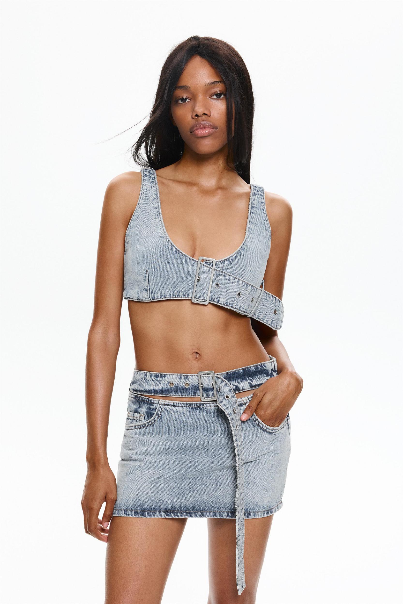 Denim crop top with buckle Product Image