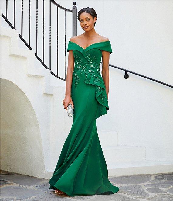 Terani Couture Off-the-Shoulder Short Sleeve Peplum Beaded Applique Mermaid Gown Product Image