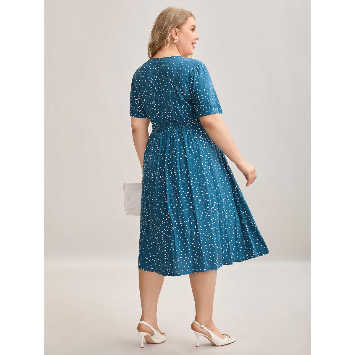 Plus Size Dot Print Shirred Waist Midi Dress Aegean Women At the Office Gathered Round Neck Short sleeve Curvy BloomChic 28/5X Product Image