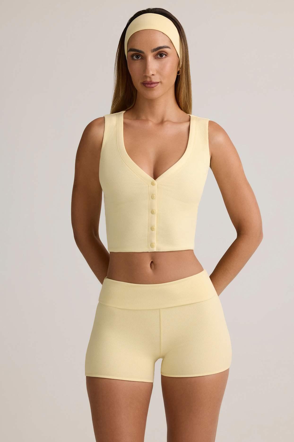 Modal Ribbed Mid-Rise Foldover Shorts in Buttercream Yellow Product Image