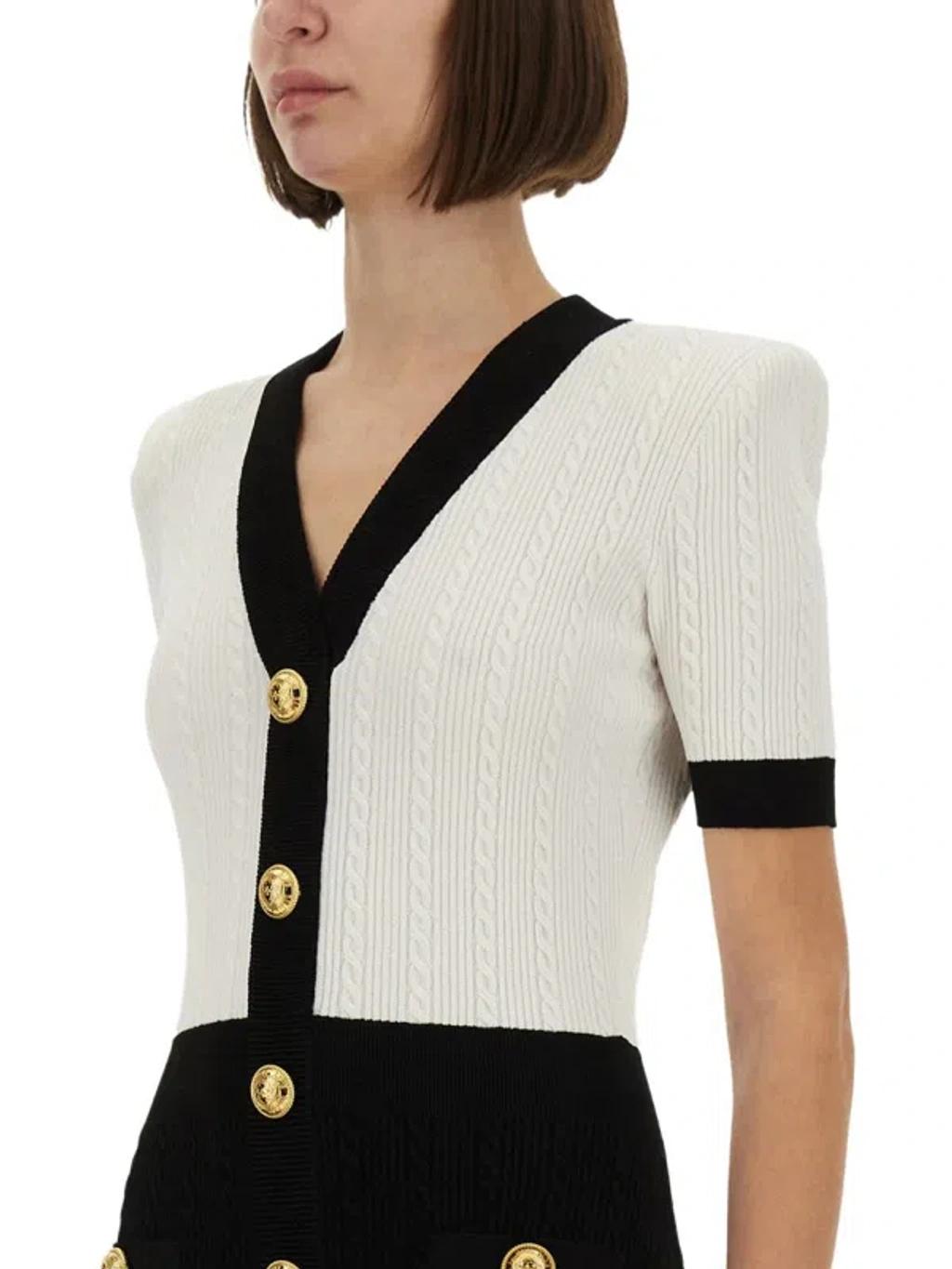 BALMAIN V-neck Buttoned Strong-shoulder Torsade Knit Mini Dress In White Product Image