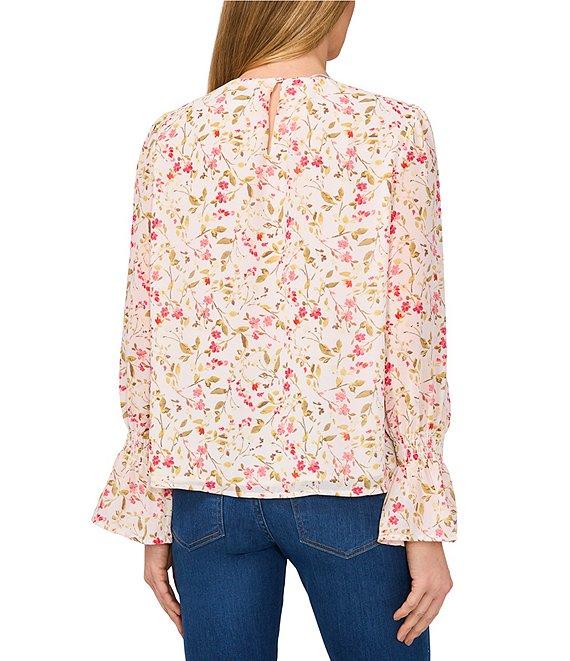 CeCe Textured Georgette Floral Round Neck Long Sleeve Smocked Cuff Blouse Product Image
