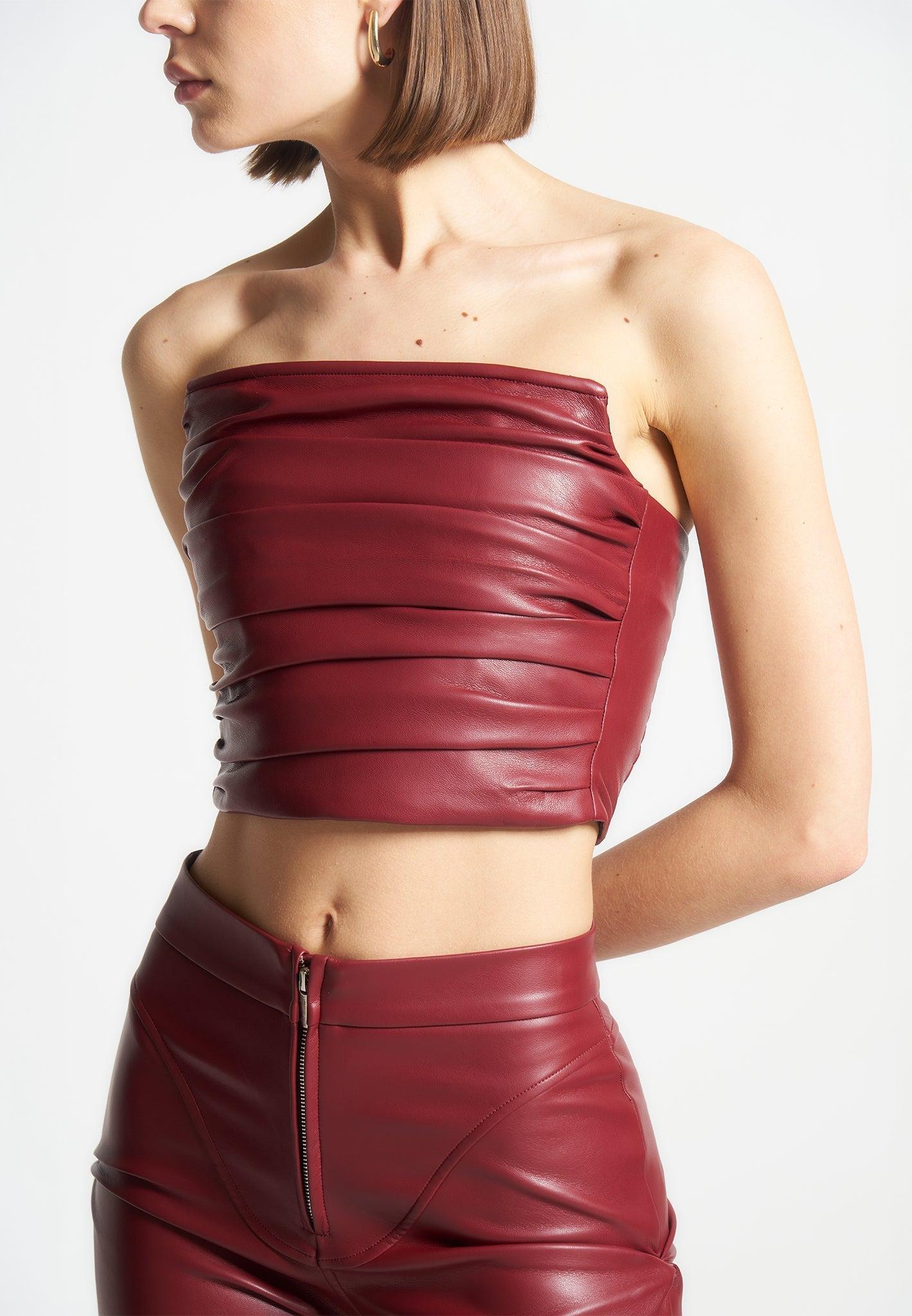 Pleated Bandeau Leather Corset Top - Wine Red Female Product Image