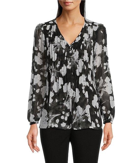 Calvin Klein Petite Size Floral Print V-Neck Long Puffed Sleeve Pleated Blouse Product Image