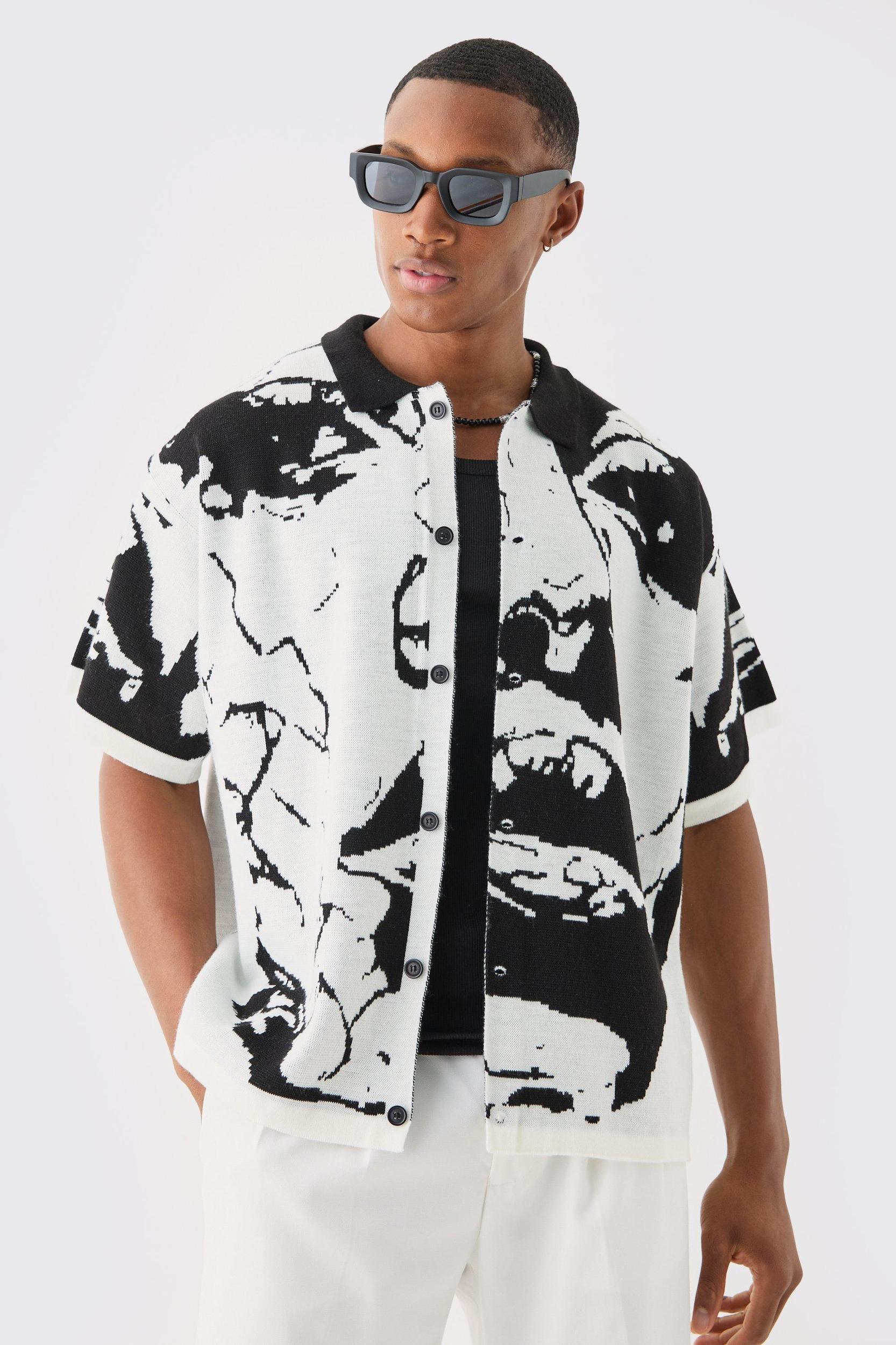 Boxy Fit Line Drawing Knitted Shirt | boohooMAN USA Product Image