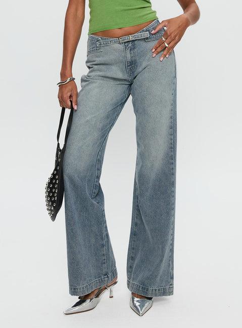 Slow Ride Mid Rise Bootleg Belted Jeans Light Blue Product Image