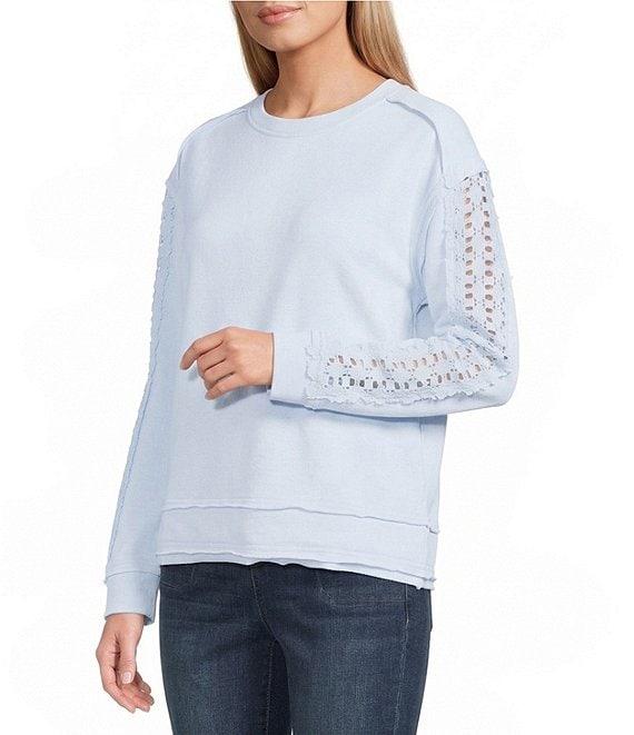 Westbound Lace Inset Long Sleeve Crew Neck Knit Top Product Image