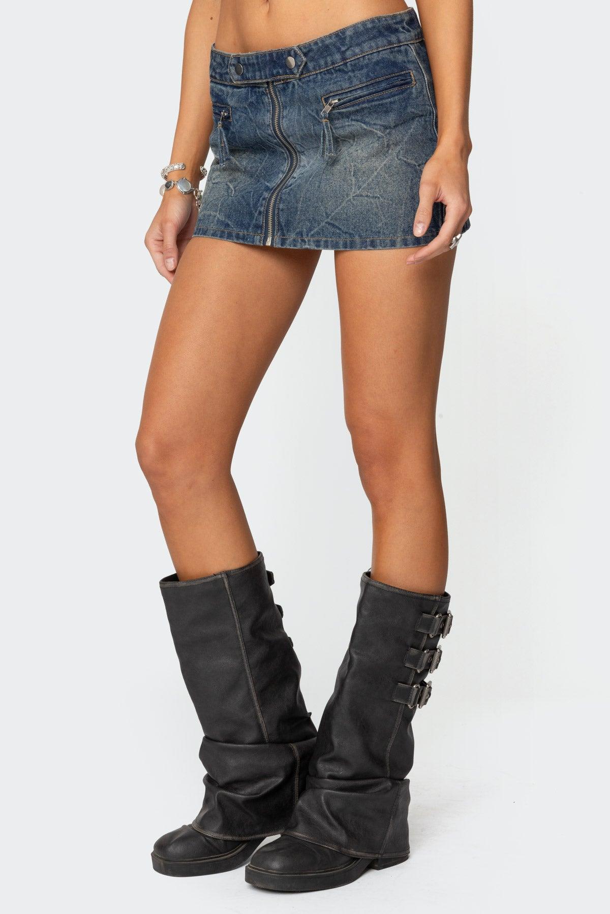 Guinevere Zip Washed Denim Mini Skirt Product Image