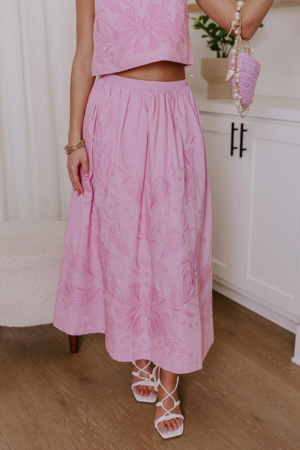 Vacay Bound High Waist Embroidered Midi Skirt in Blush Product Image
