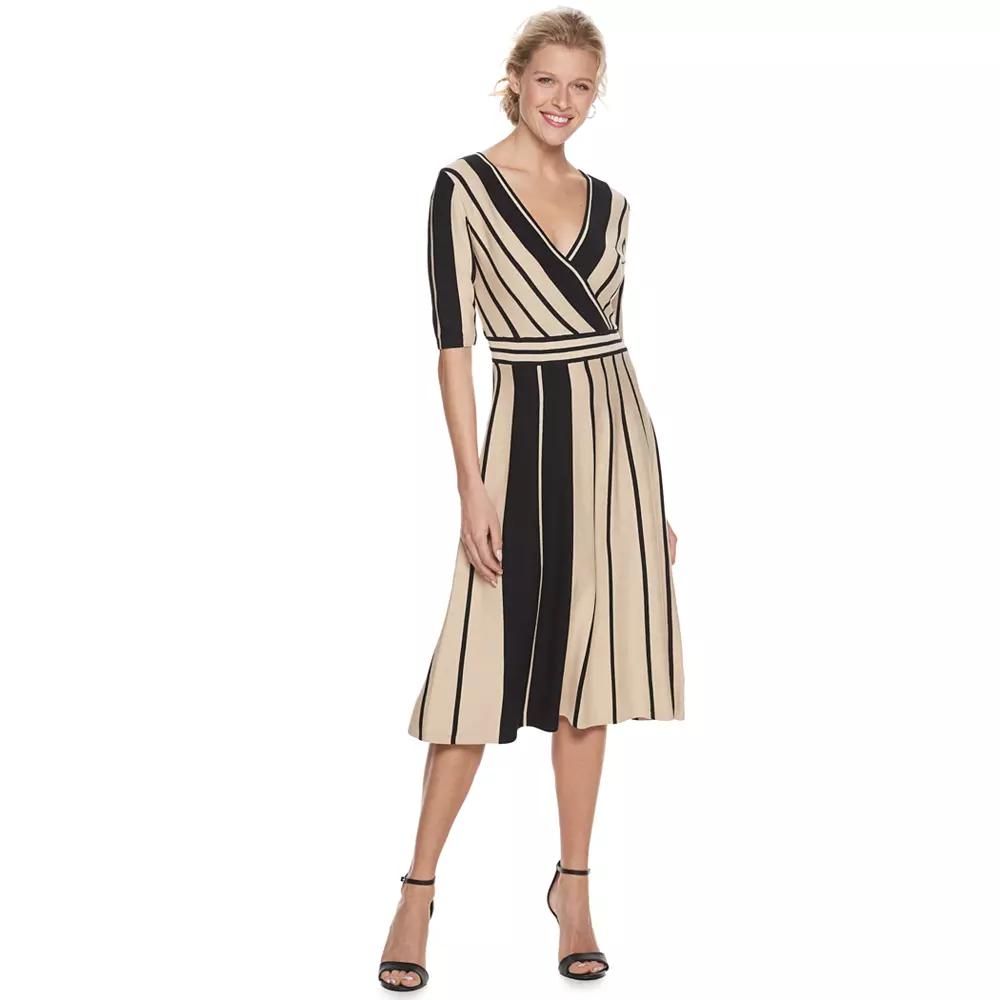 Women's Nina Leonard Surplice Striped Fit & Flare Sweater Dress, Size: Small, Black Product Image