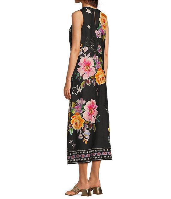 JOHNNY WAS Karolina Placement Floral Border Print Round Neck Sleeveless A-Line Midi Dress Product Image