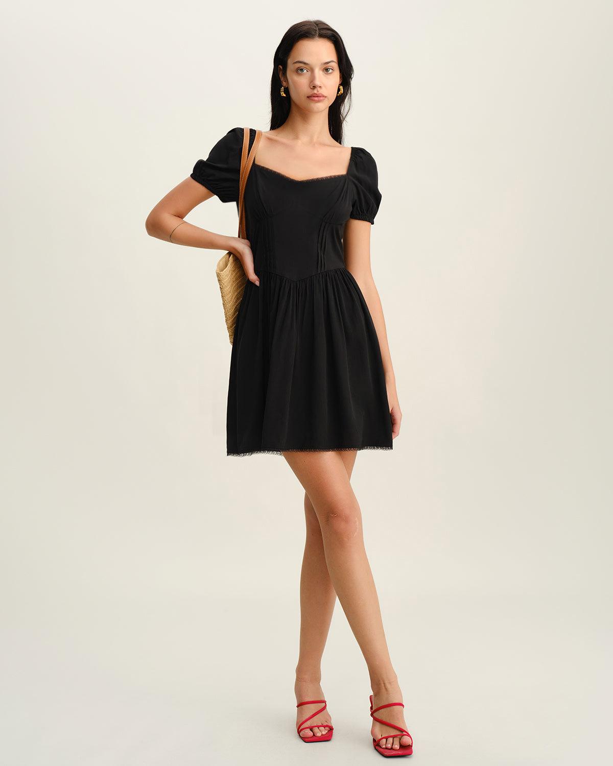 Black Sweetheart Neck Puffed Sleeve Mini Dress Product Image