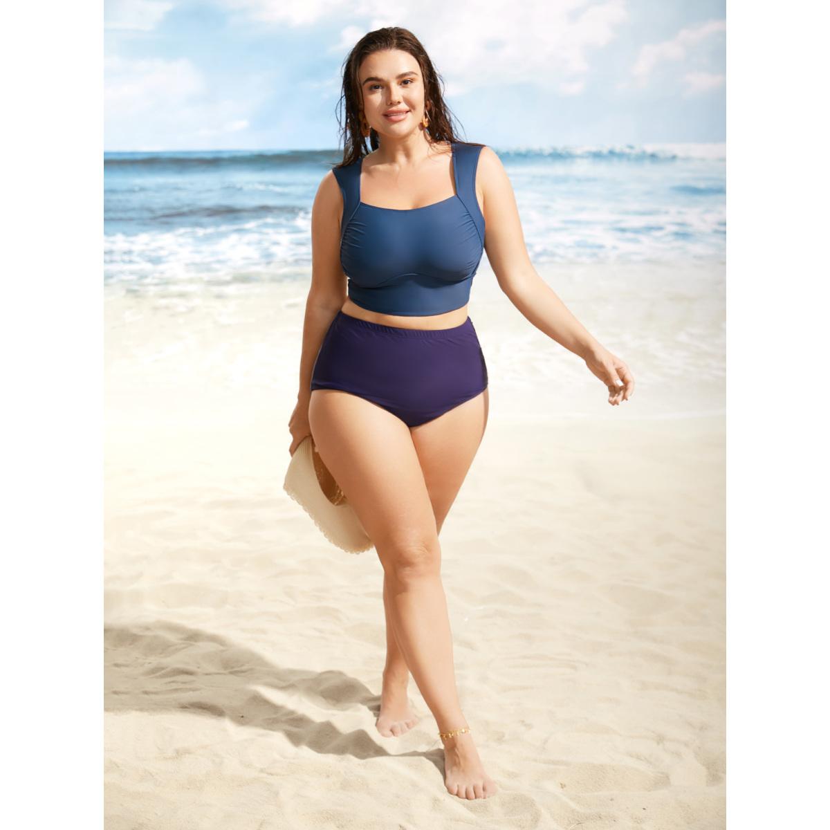 Plus Size Square Neck Ruched Back Crisscross Swim Top Women's Swimwear Aegean Beach Gathered High stretch Skinny Square Neck Curve Swim Tops BloomChic 18-20/2X Product Image