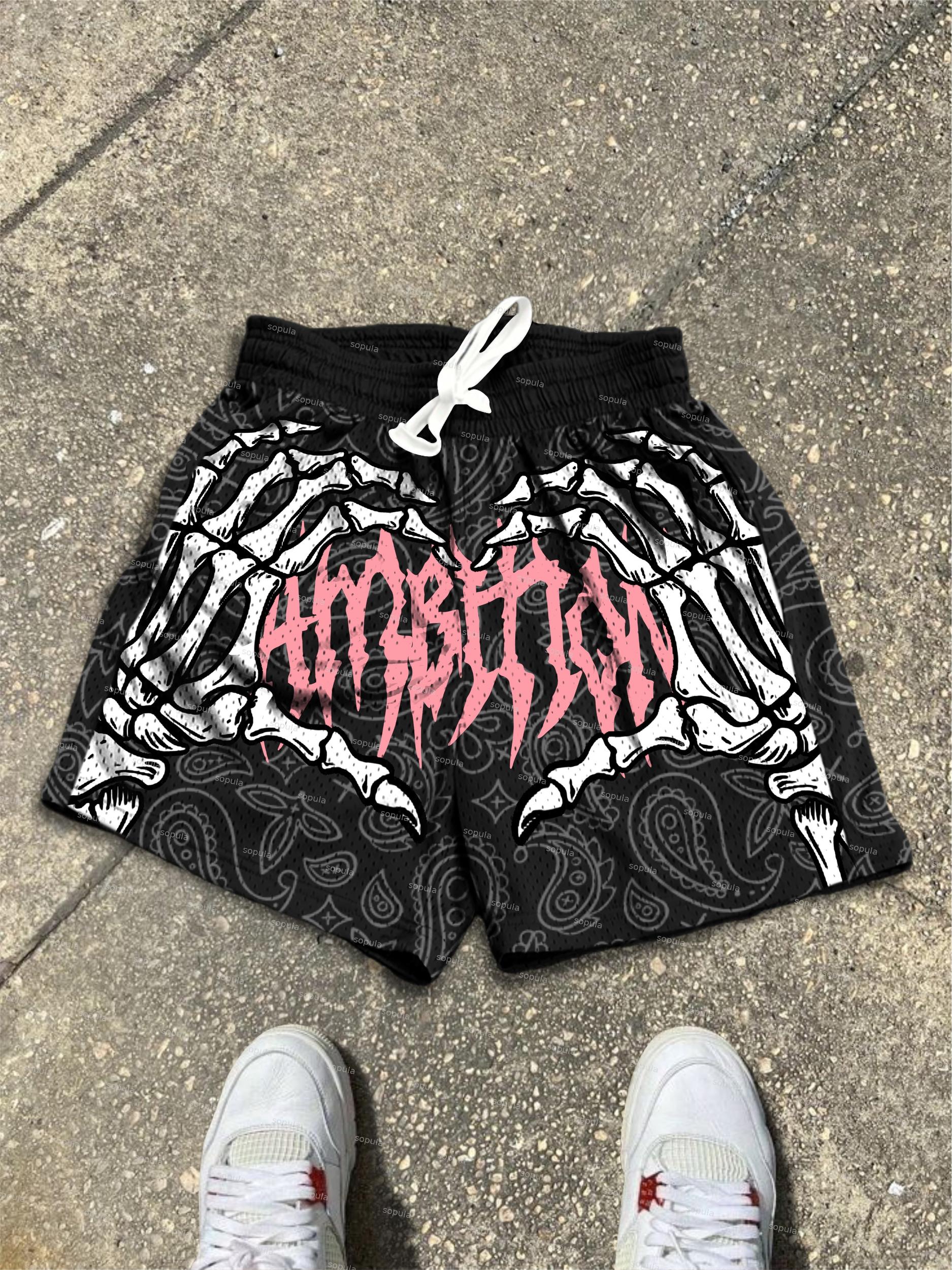 Ambition Skull Hand Cashew Flower Graphic Mesh Shorts Product Image