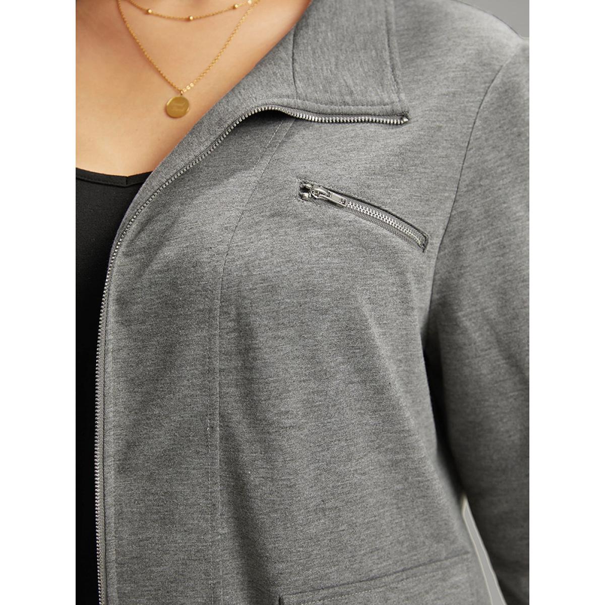 Plus Size Solid Zipper Pocket Jacket Women Gray Plain Pocket Everyday Jackets BloomChic 26/4X Product Image