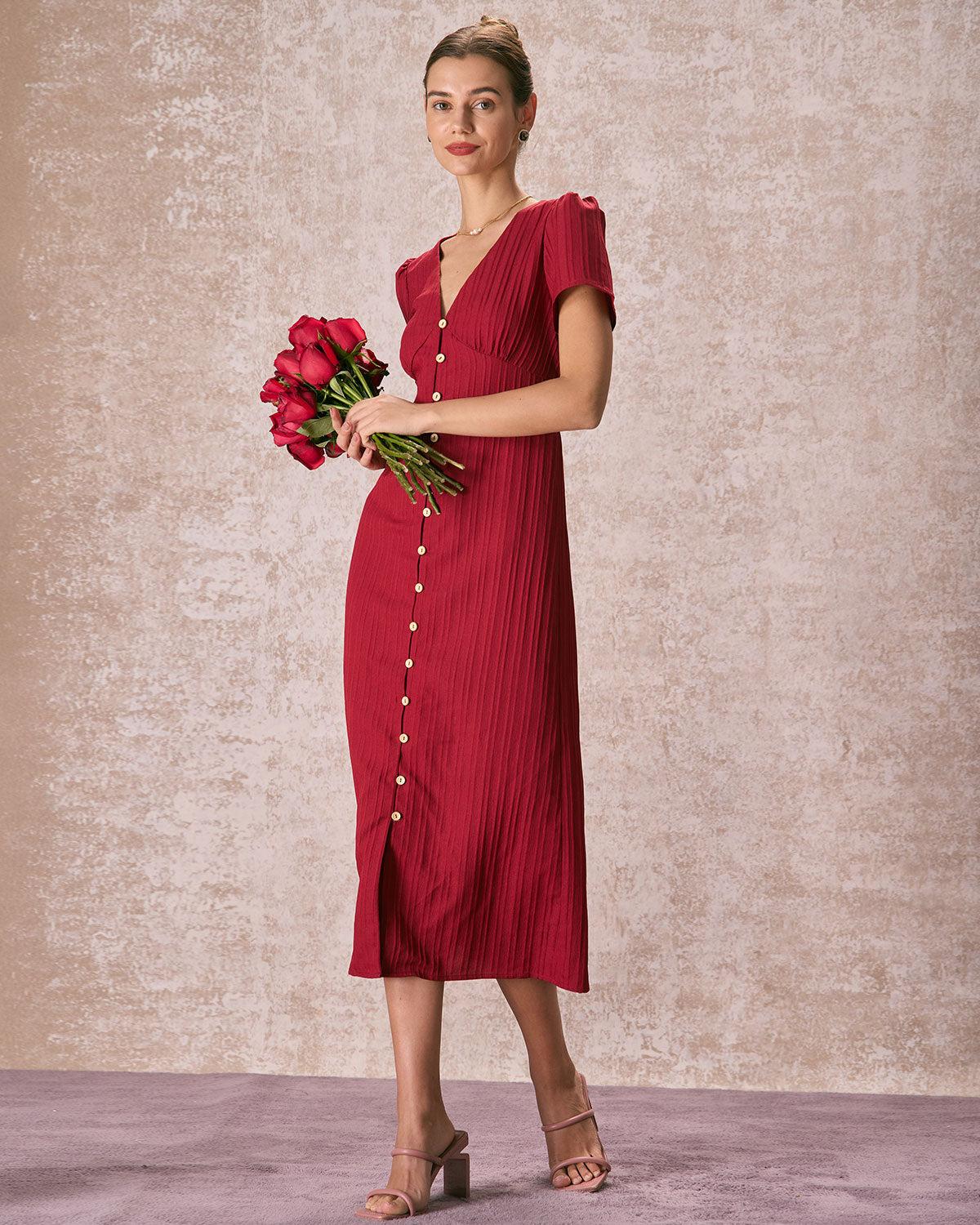 The Red V Neck Shirred Puff Sleeve Midi Dress Product Image
