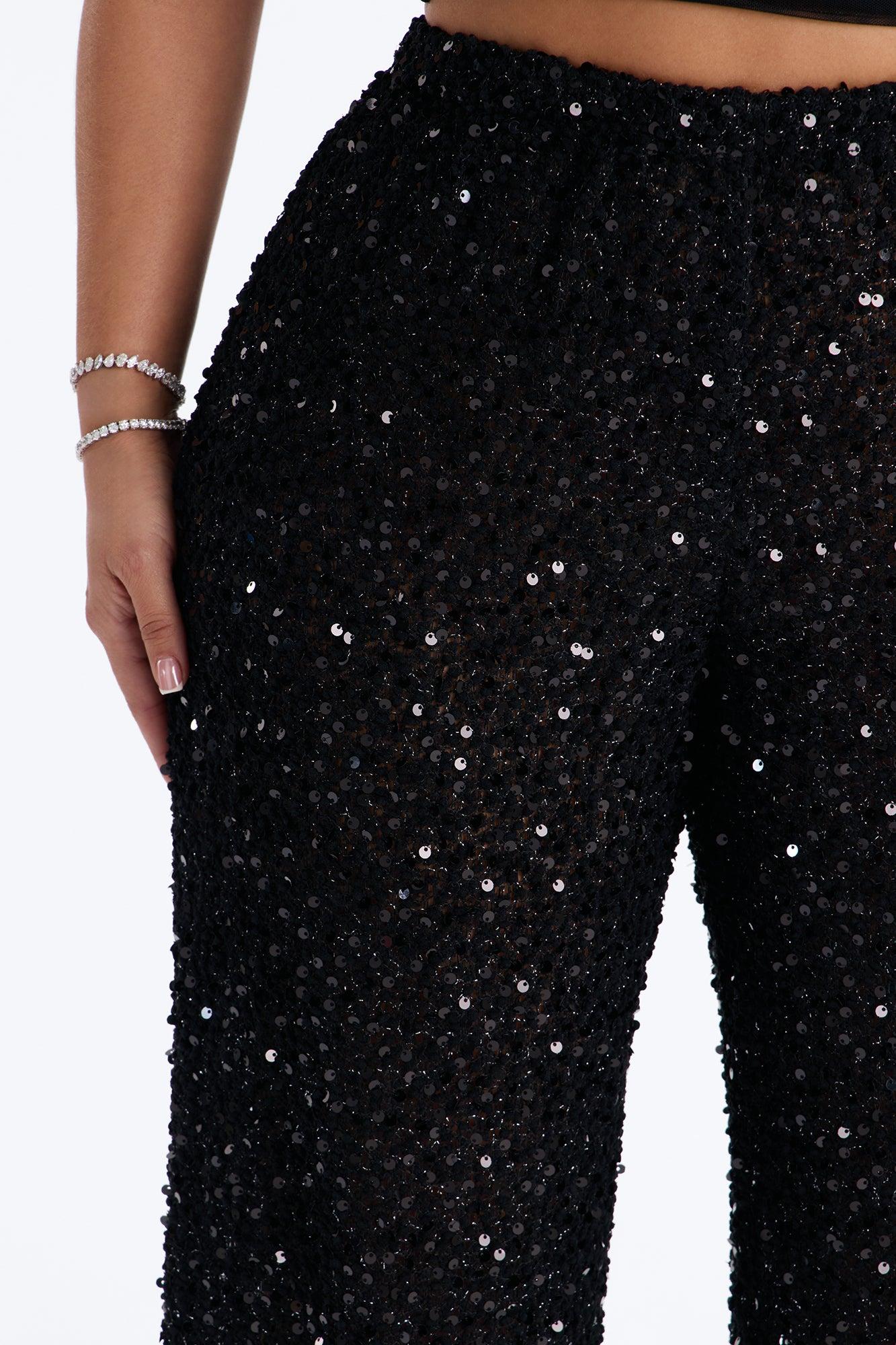 Azalea Low Rise Sequin Crochet Wide Leg Pant 33″ - Black Female Product Image
