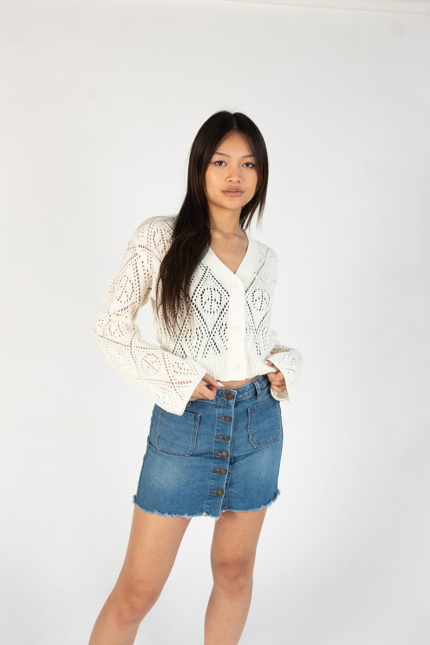 Ivory Bell Sleeve Pointelle Cardigan Product Image