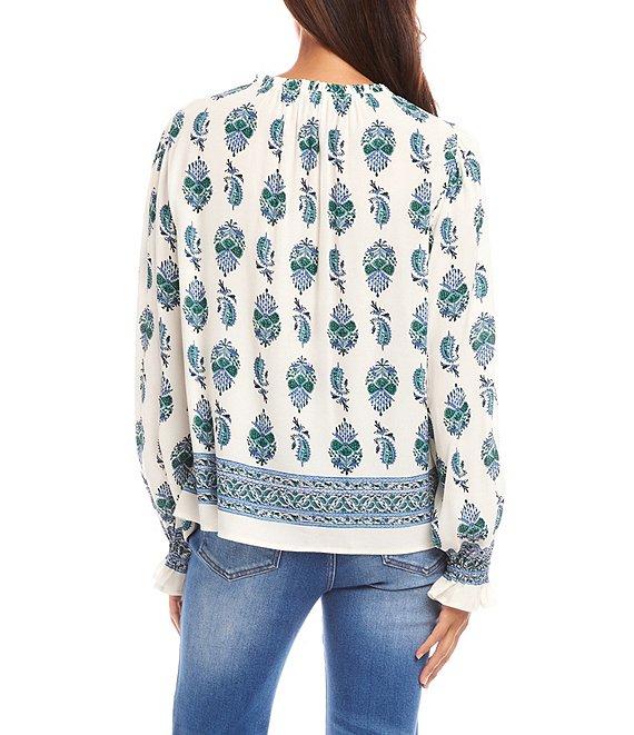 Karen Kane Border Print Split V-Neck Long Sleeve Peasant Top Product Image