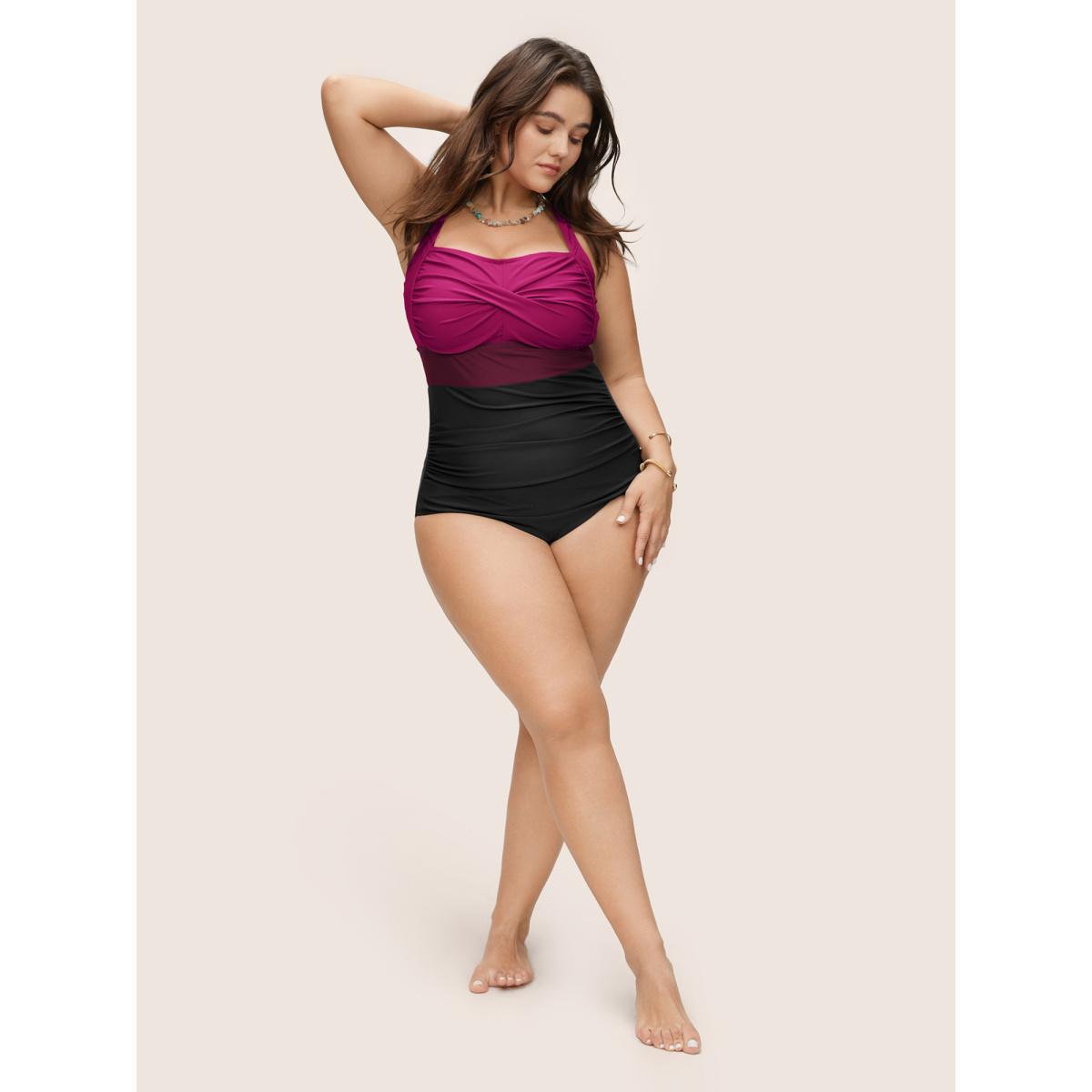 Plus Size Contrast Twist Front Tummy-Control One Piece Swimsuit Women's Swimwear Magenta Resort Non Curve Bathing Suits High stretch One Pieces BloomChic 18-20/2X Product Image