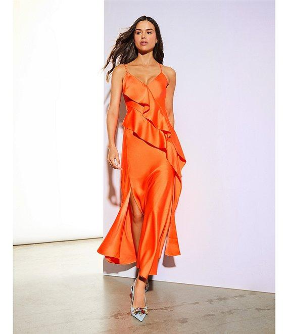 Gianni Bini Quinn Ruffle Draped V-Neck Sleeveless Satin Dress Product Image