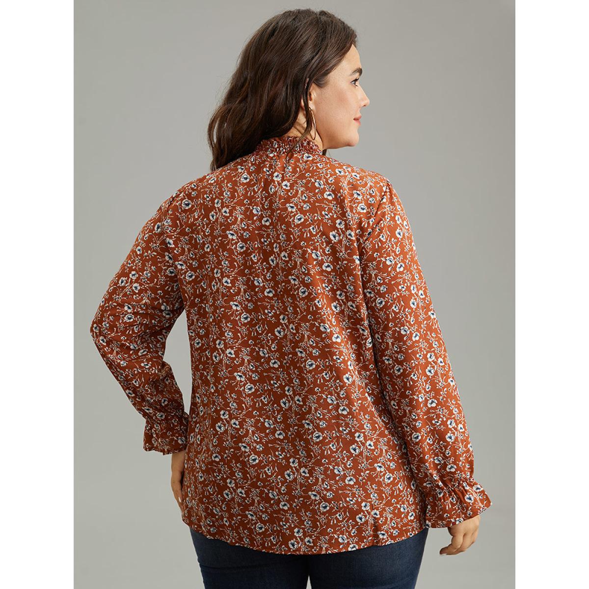 Plus Size Rust Ditsy Floral Shirred Pocket Layered Blouse Women Elegant Long Sleeve Round Neck Dailywear Blouses BloomChic 10/M Product Image