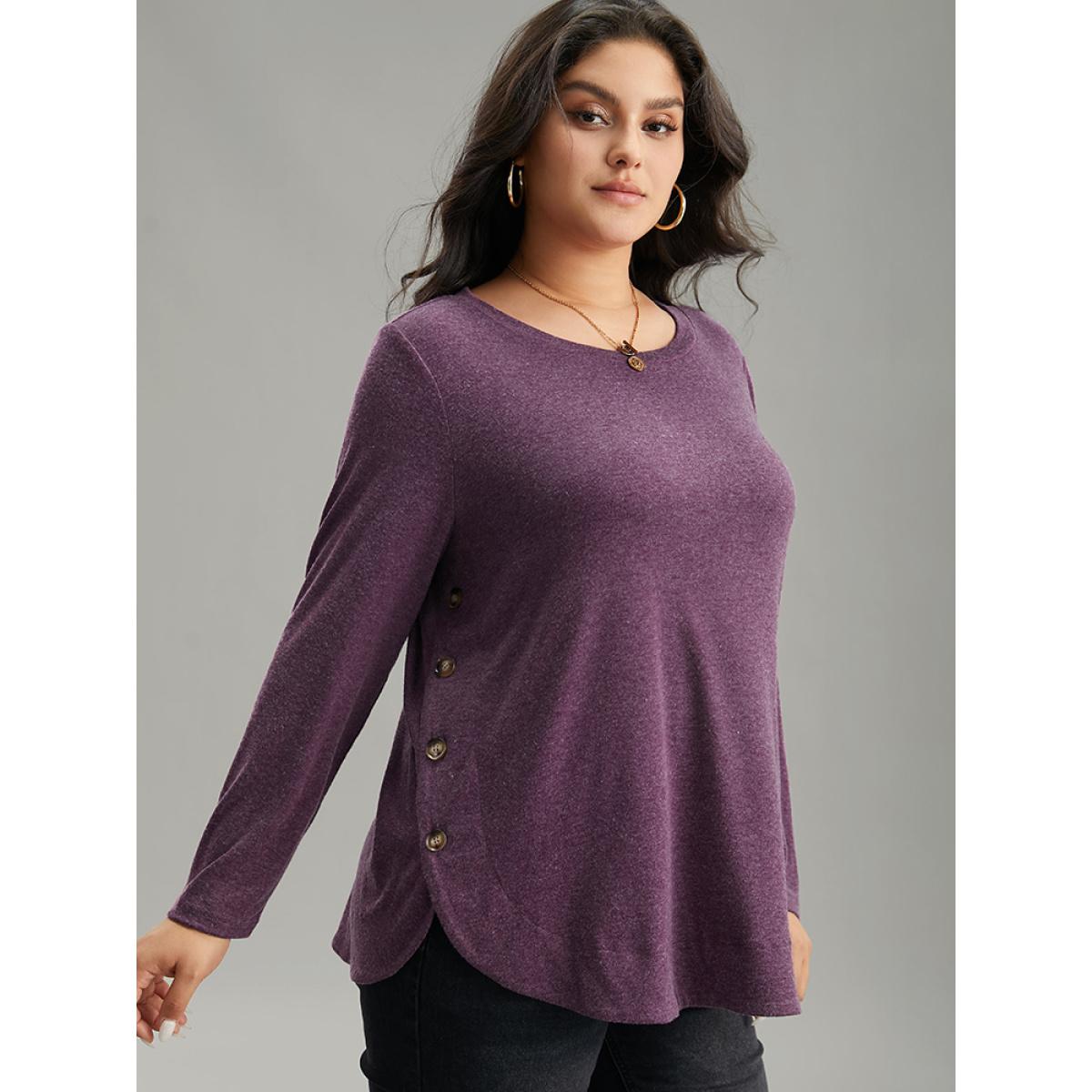 Plus Size Plain Button Detail Curved Hem T-shirt Purple Women Casual Plain Plain Round Neck Dailywear T-shirts BloomChic 10/M Product Image