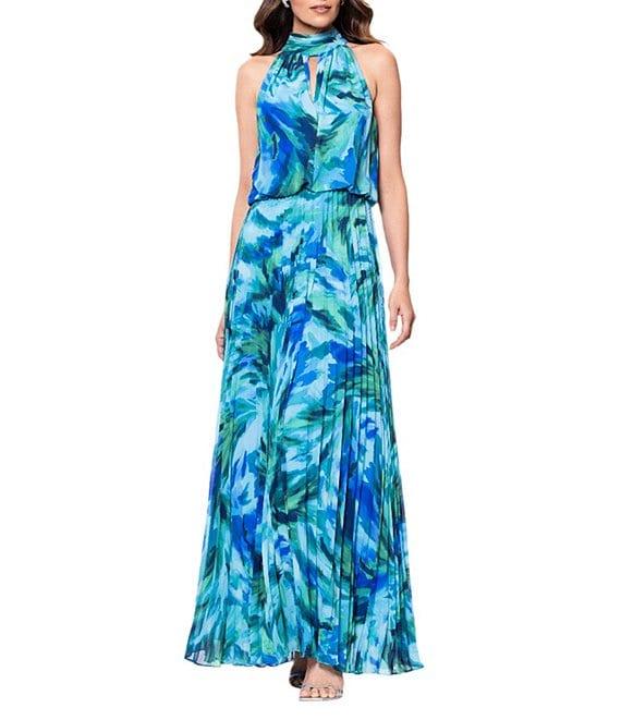 Xscape Chiffon Multi Print Halter Neck Sleeveless Keyhole Pleated Blouson Gown Product Image