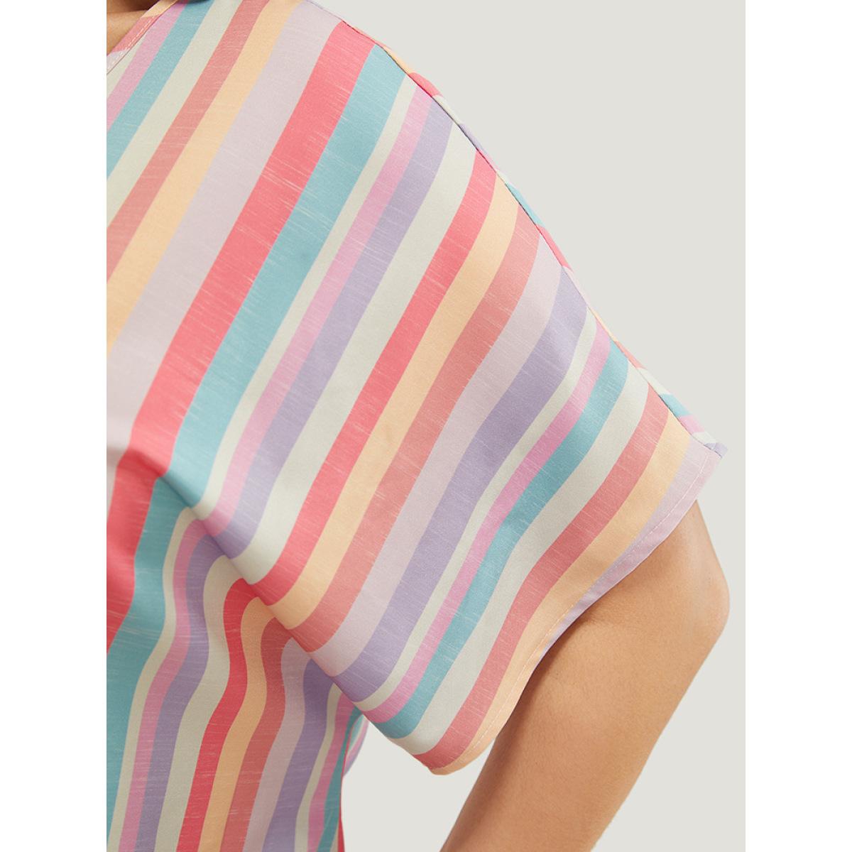 Plus Size Multicolor Rainbow Striped Batwing Sleeve Contrast Asymmetrical Hem Blouse Women Vacation Short sleeve V-neck Dailywear Blouses BloomChic 26/4X Product Image