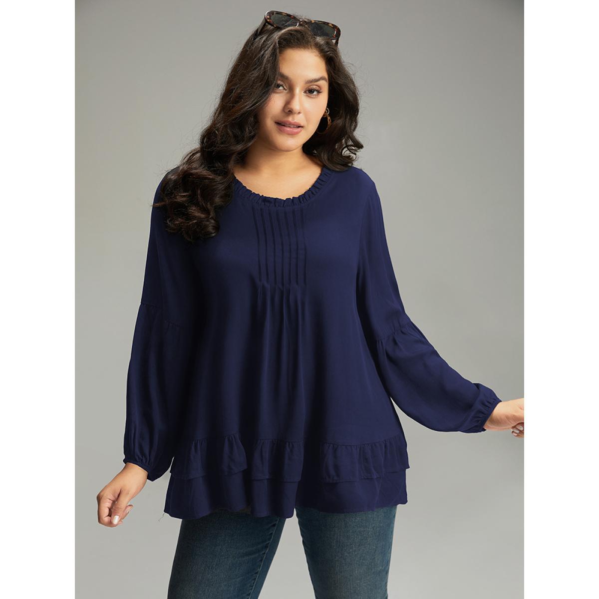 Plus Size Indigo Seam Detail Frill Trim Layered Blouse Women Elegant Long Sleeve Round Neck Dailywear Blouses BloomChic 10/M Product Image
