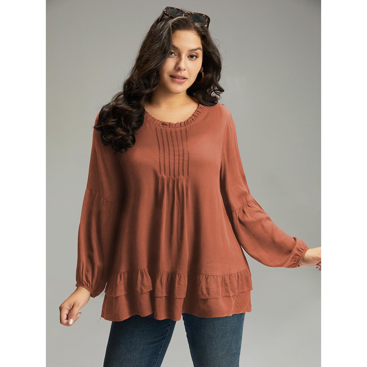 Plus Size OrangeRed Seam Detail Frill Trim Layered Blouse Women Elegant Long Sleeve Round Neck Dailywear Blouses BloomChic 10/M Product Image